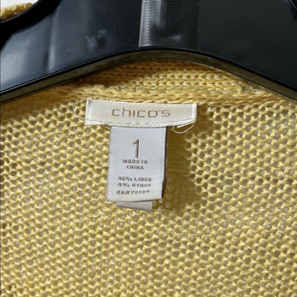 Chico’s Loose Knit Yellow Short Sleeve Cardigan, Size 1 - Picture 6 of 11
